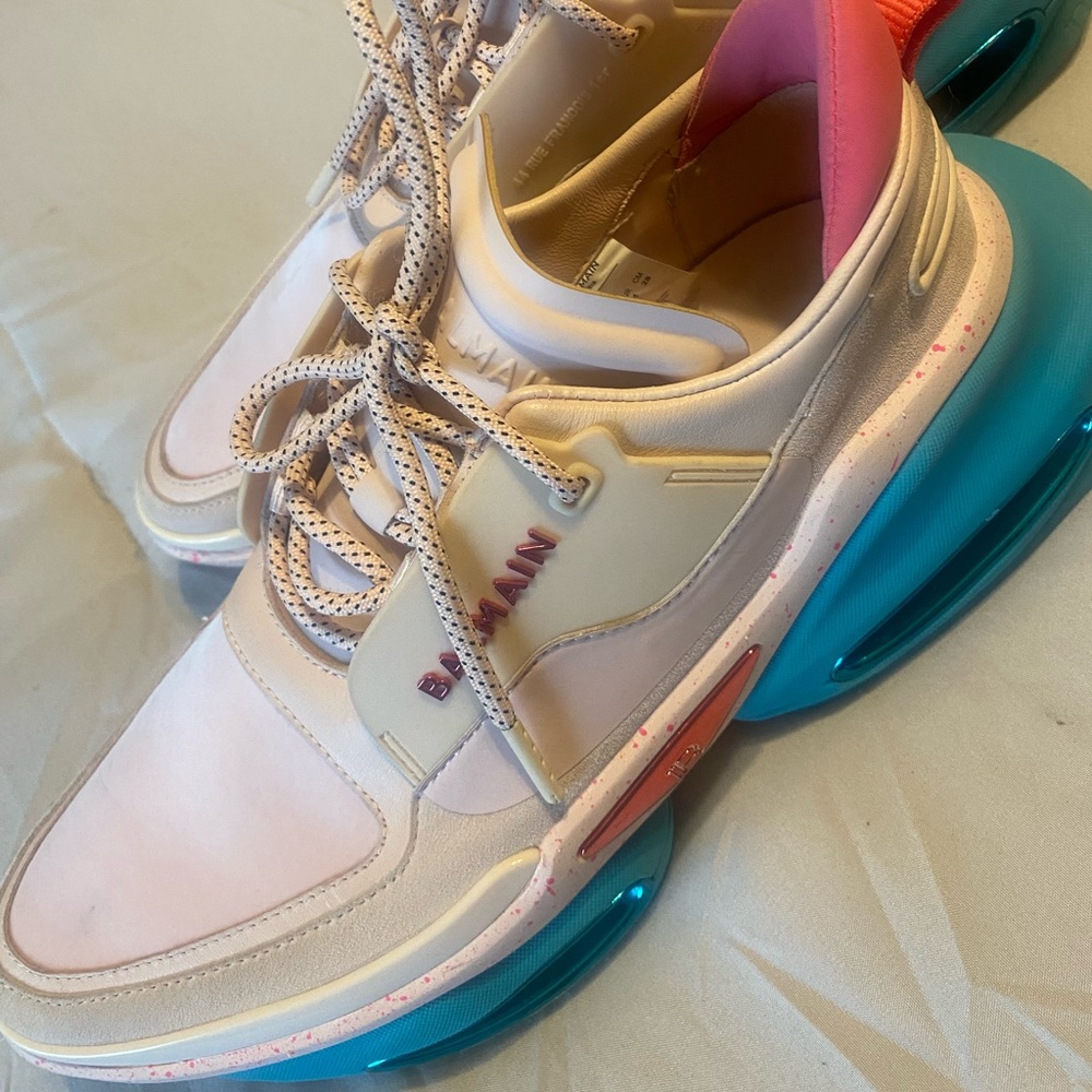 Balmain Women's Sneakers in Cream and Pink with Blue Accents